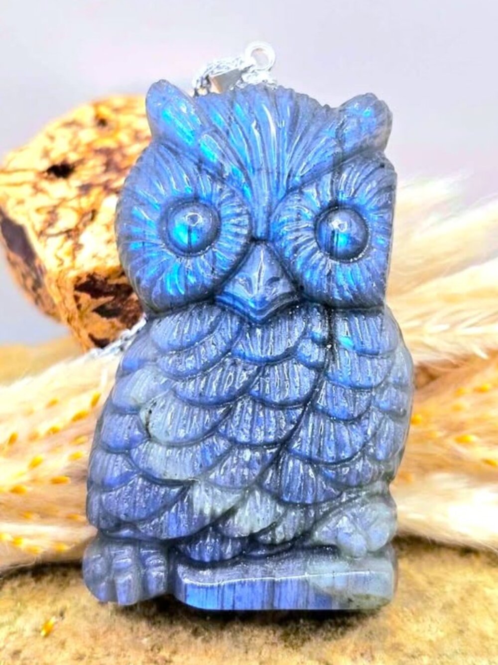 Labradorite Owl Pendant • 1.7" Carved Crystal Necklace • Strong Blue Flash
